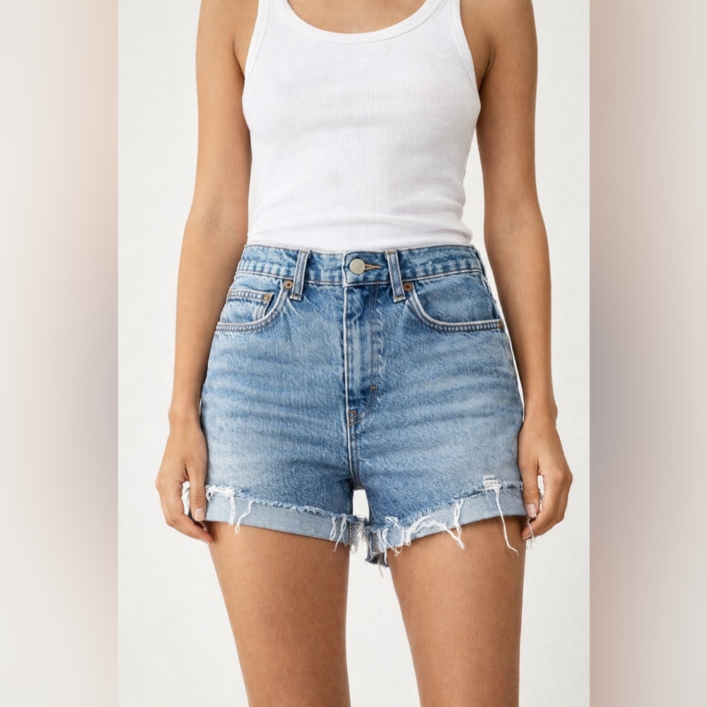 Reformation Charlie Cuffed High Rise Jean Shorts 30 Raw Hem Denim